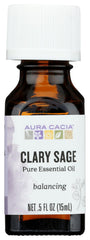Aura Cacia Clary Sage oil bottle showing a pure aroma for diffusers and blends.