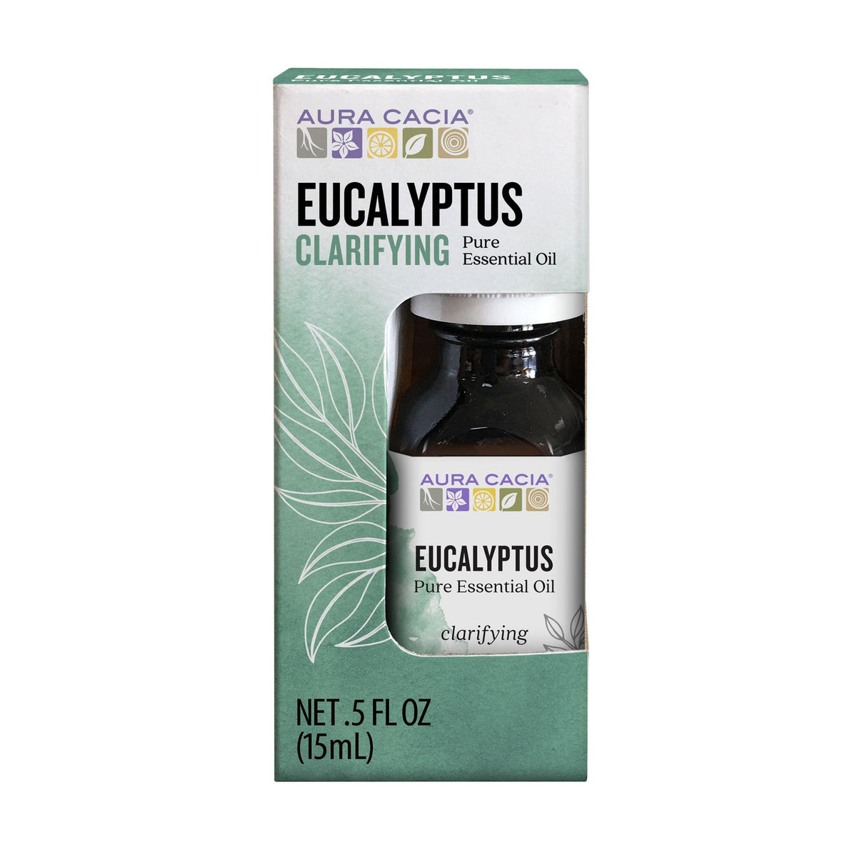 Aura Cacia eucalyptus essential oil bottle in box, ideal for natural diffusing and freshening spaces.