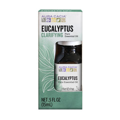Aura Cacia eucalyptus essential oil bottle in box, ideal for natural diffusing and freshening spaces.