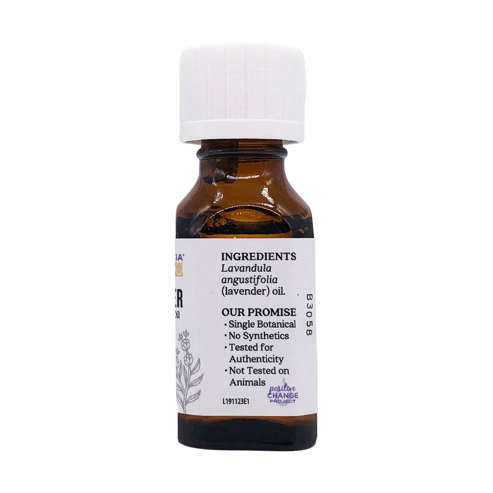 Aura Cacia Lavender Oil dropper image suggests controlled usage for diffusers and blends.