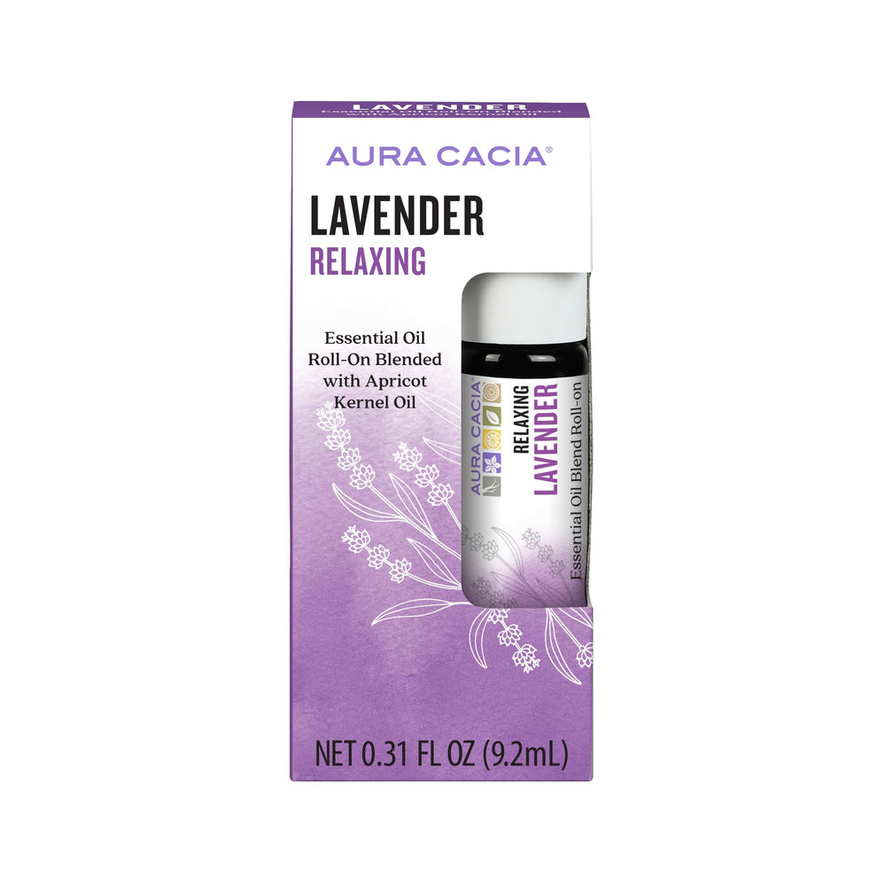 Aura Cacia Lavender Roll-On bottle for portable relaxation.