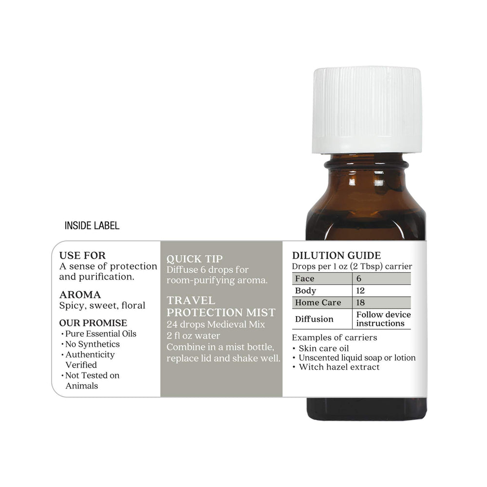 Aura Cacia Medieval Mix label clear packaging showing 100 percent pure oils