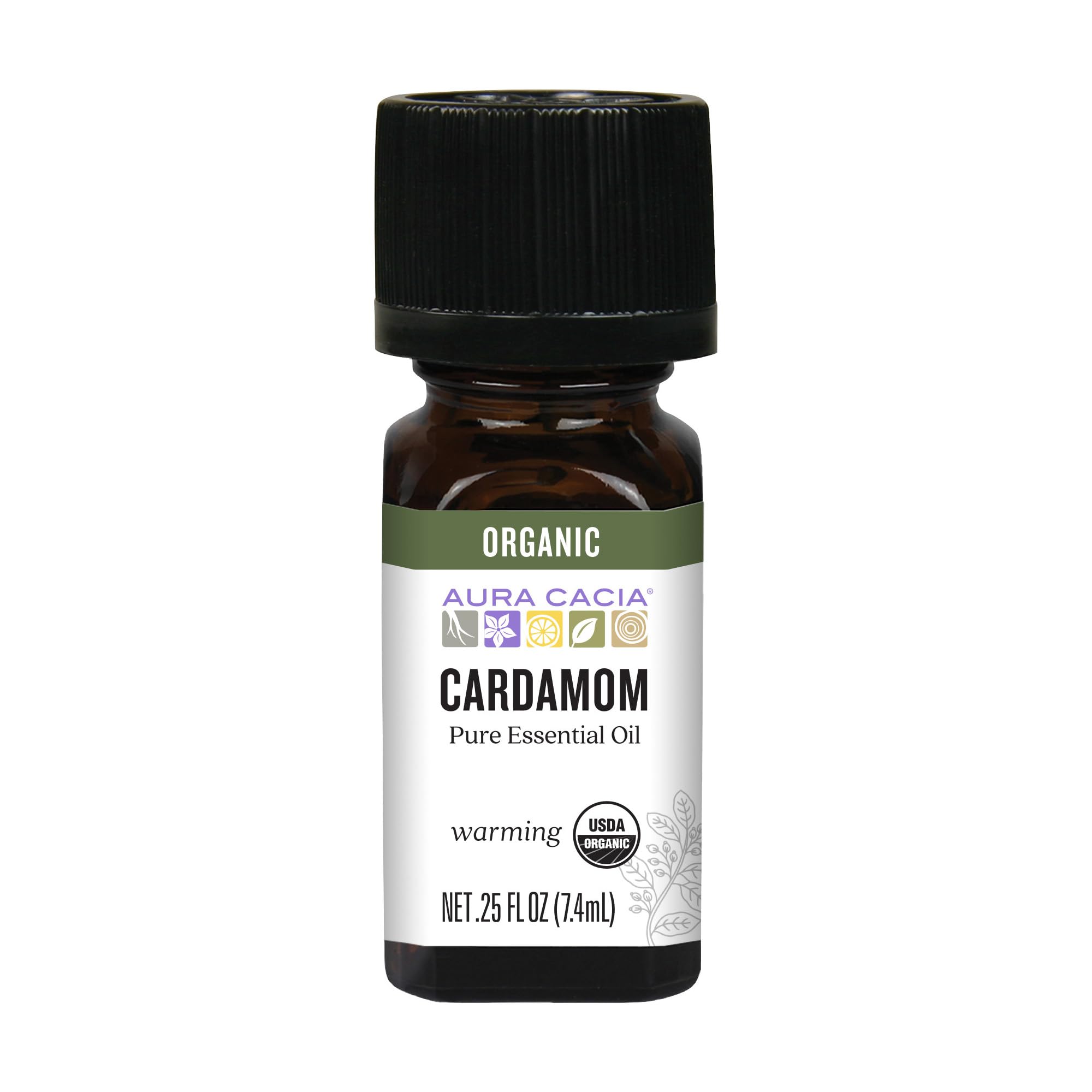 Aura Cacia Organic Cardamom Essential Oil bottle pour for massage and aromatherapy.