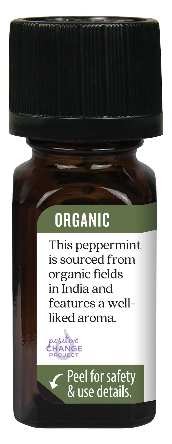 Aura Cacia organic peppermint label emphasizes USDA Organic standards and ethical sourcing.