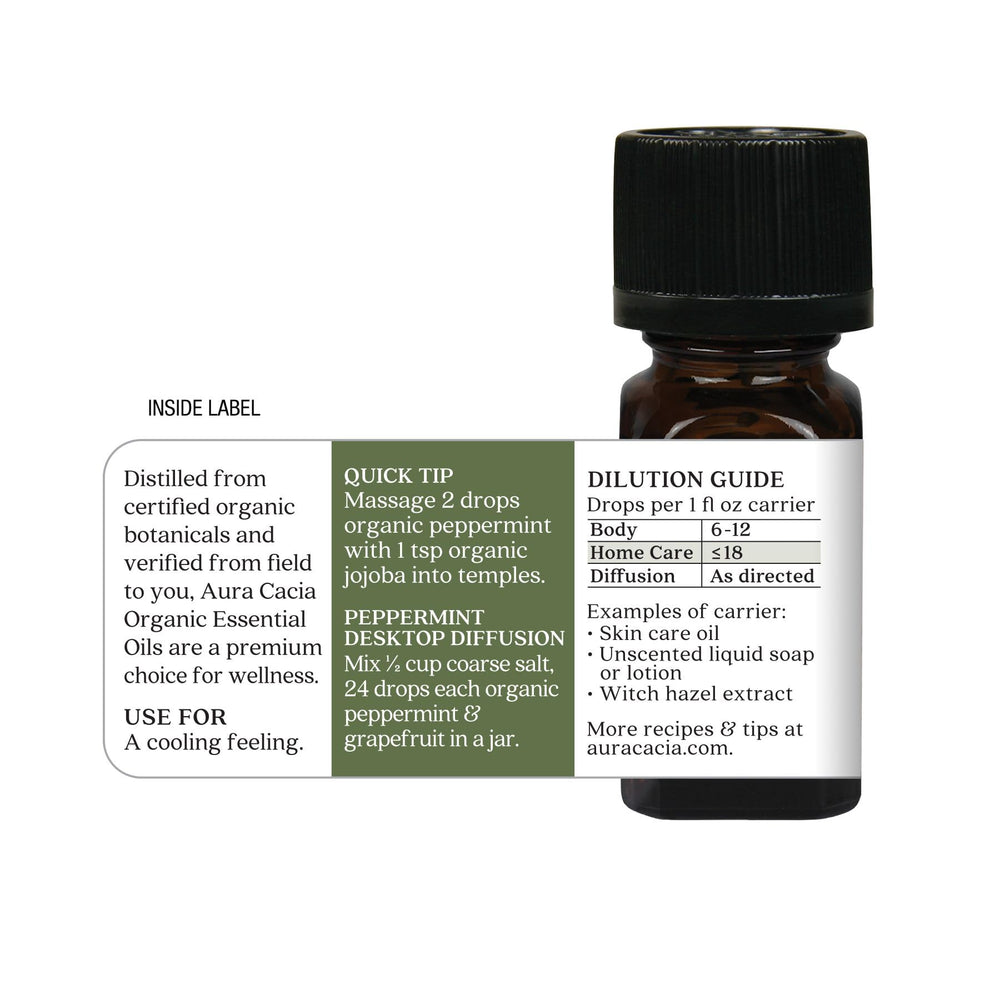 Aura Cacia peppermint oil aids diffusers and topical routines with refreshing scent.