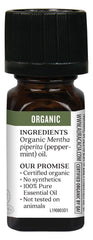 Aura Cacia peppermint oil dropper closeup highlights purity and precise dosage.