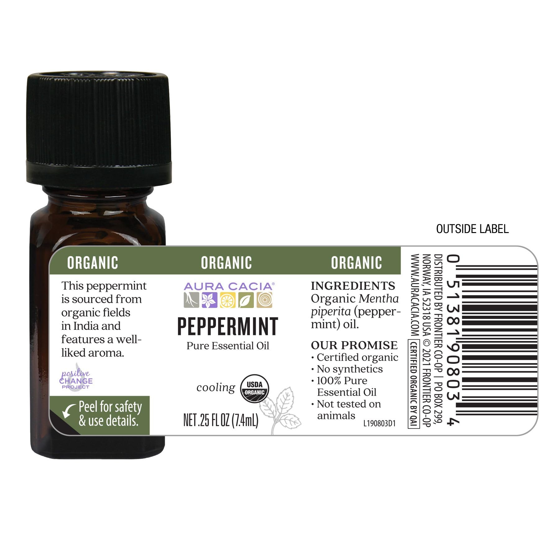 Aura Cacia peppermint oil sourced from Yakima Valley, Washington, USA.