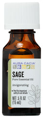Aura Cacia sage essential oil bottle for aromatic diffusion and mood-enhancing blends.