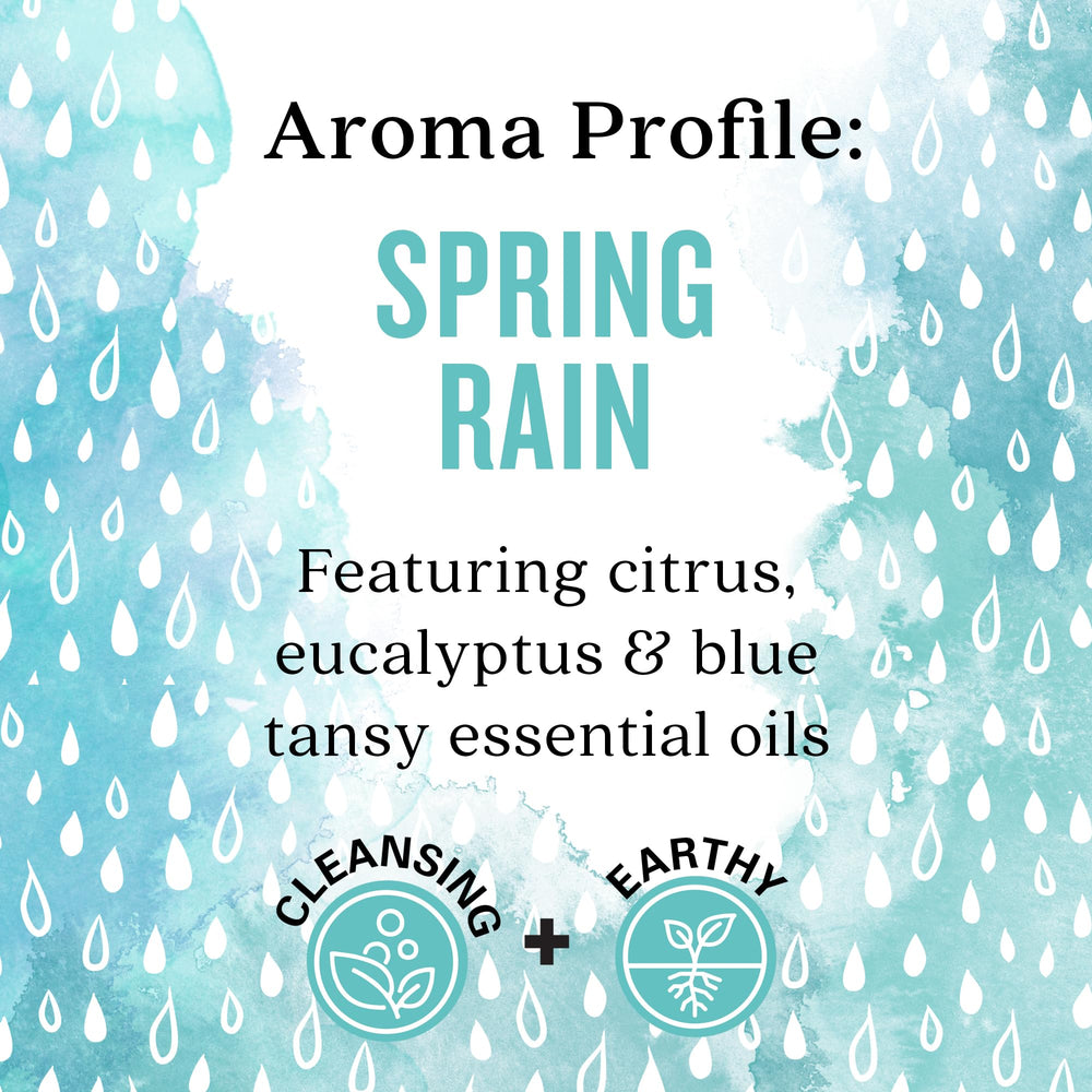 Aura Cacia Spring Rain packaging label highlights natural sourcing and purity.