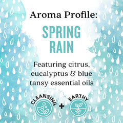 Aura Cacia Spring Rain packaging label highlights natural sourcing and purity.