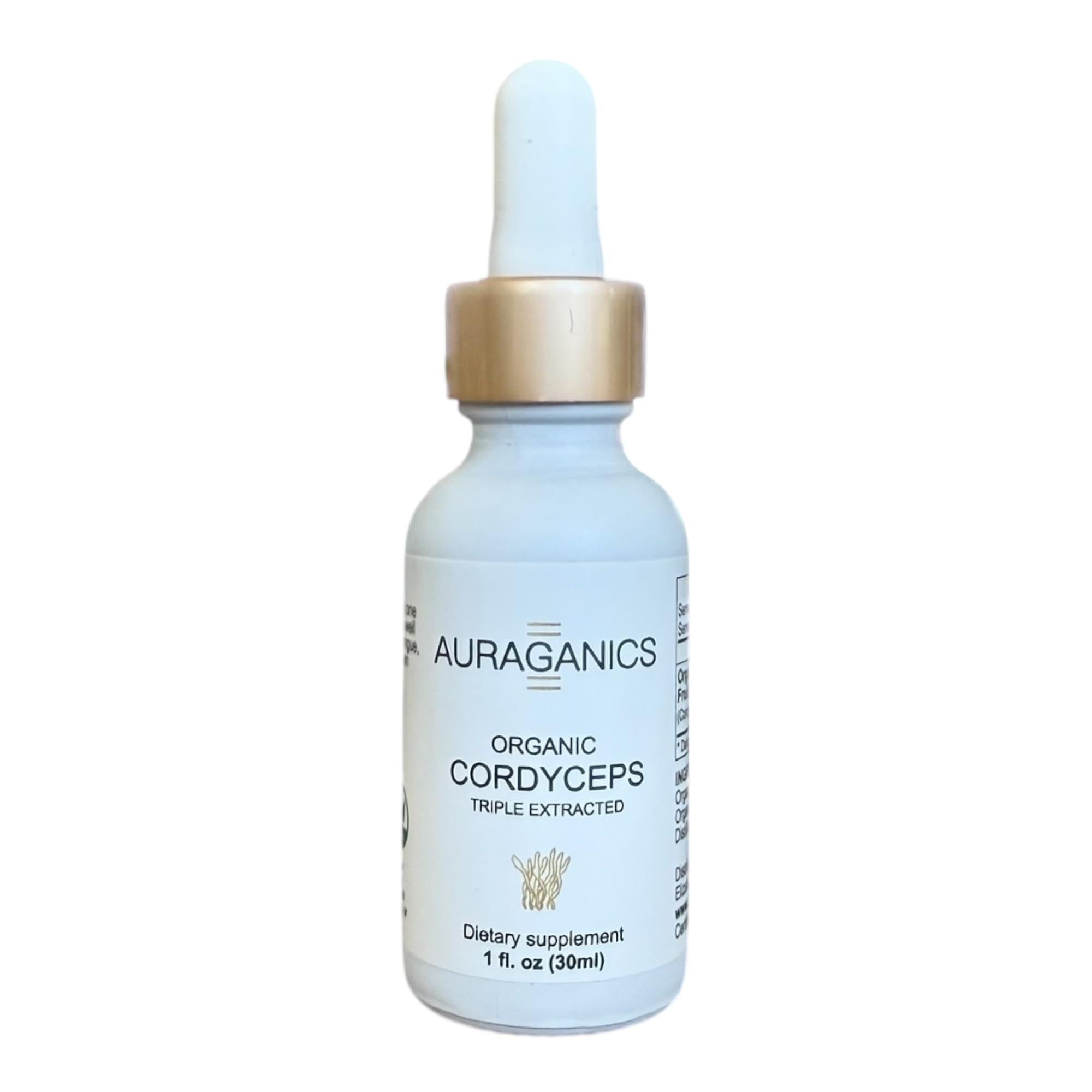 Auraganics cordyceps tincture dropper close-up for precise dosing