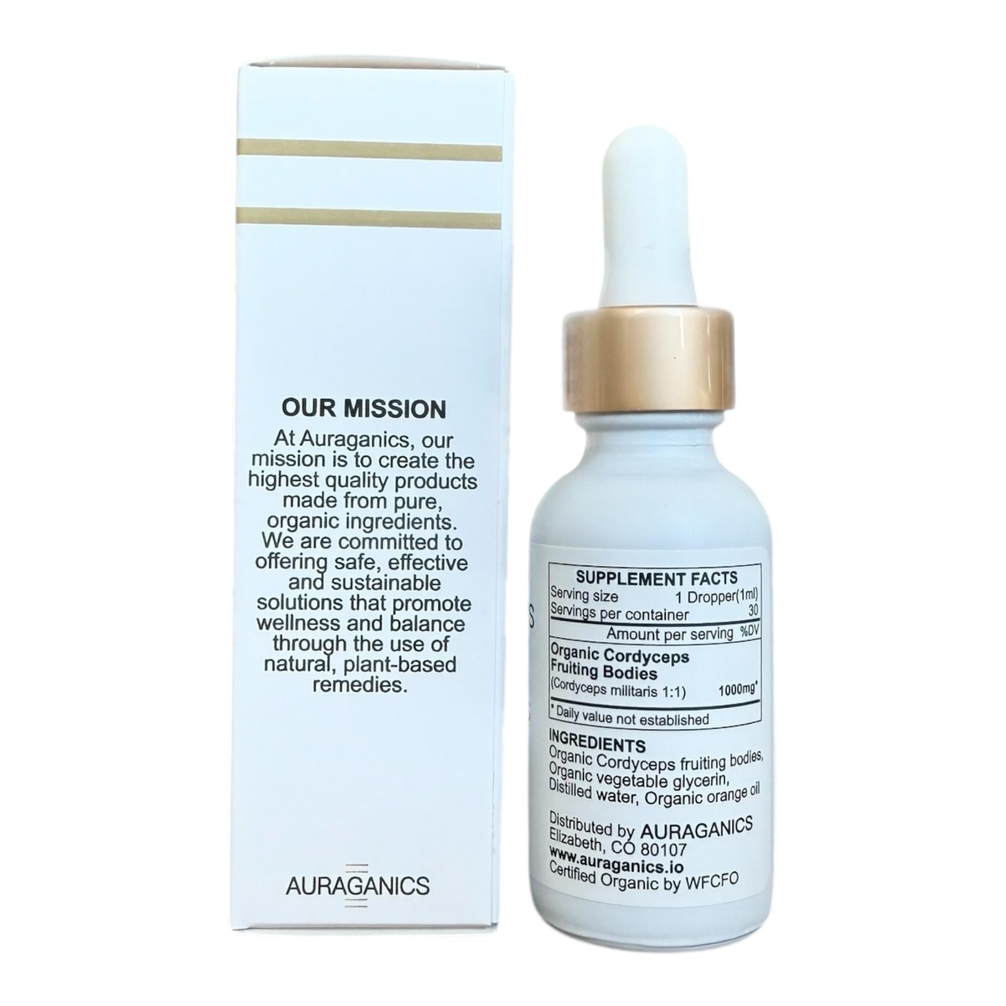 Auraganics cordyceps tincture liquid in amber glass, alcohol-free