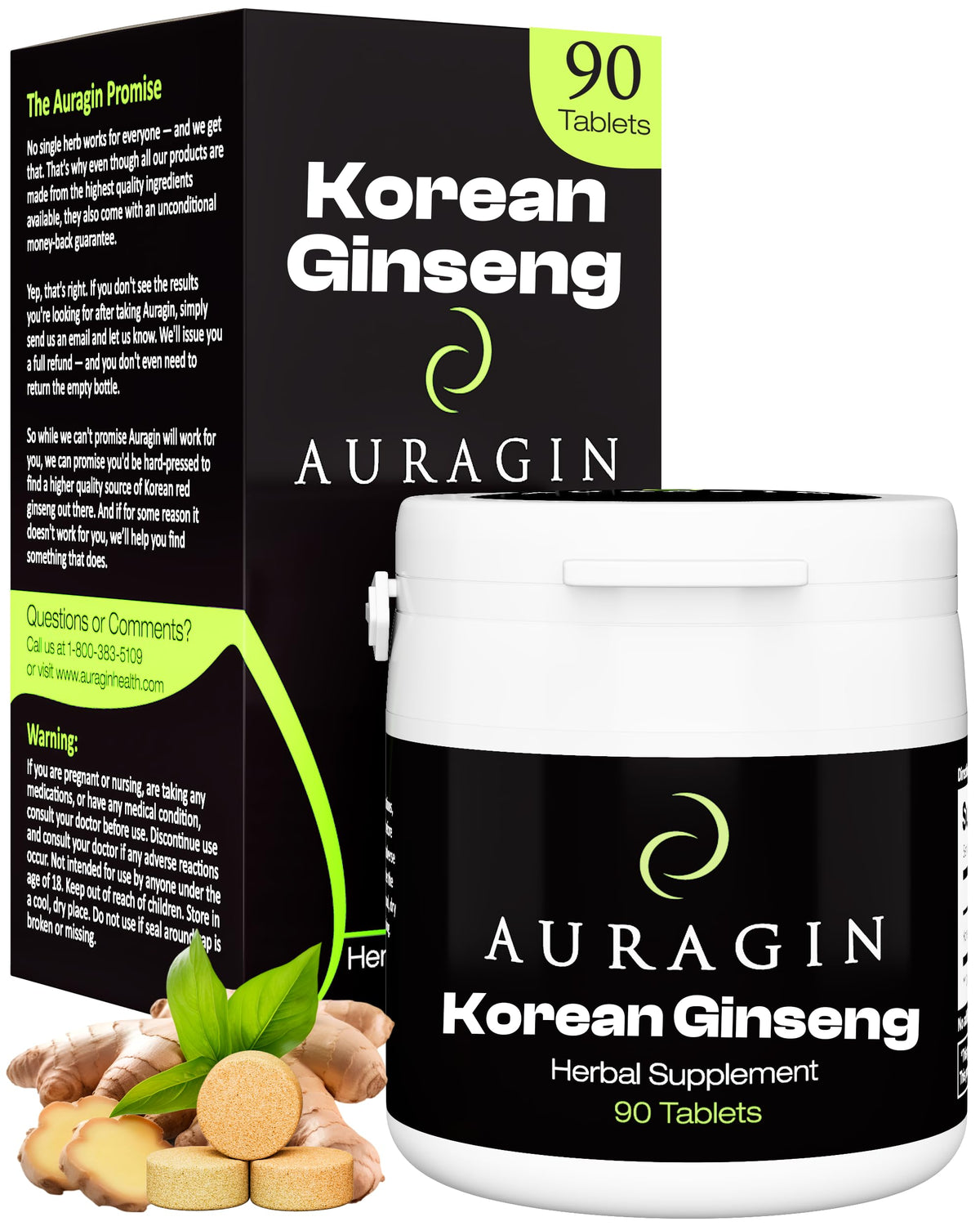 Auragin authentic Korean red ginseng bottle on display, supporting daily energy and focus.