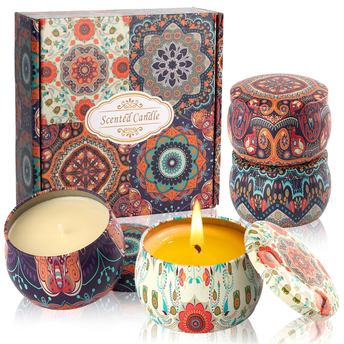 Auralome scented candle set packaging with elegant artwork, ideal for gifting.