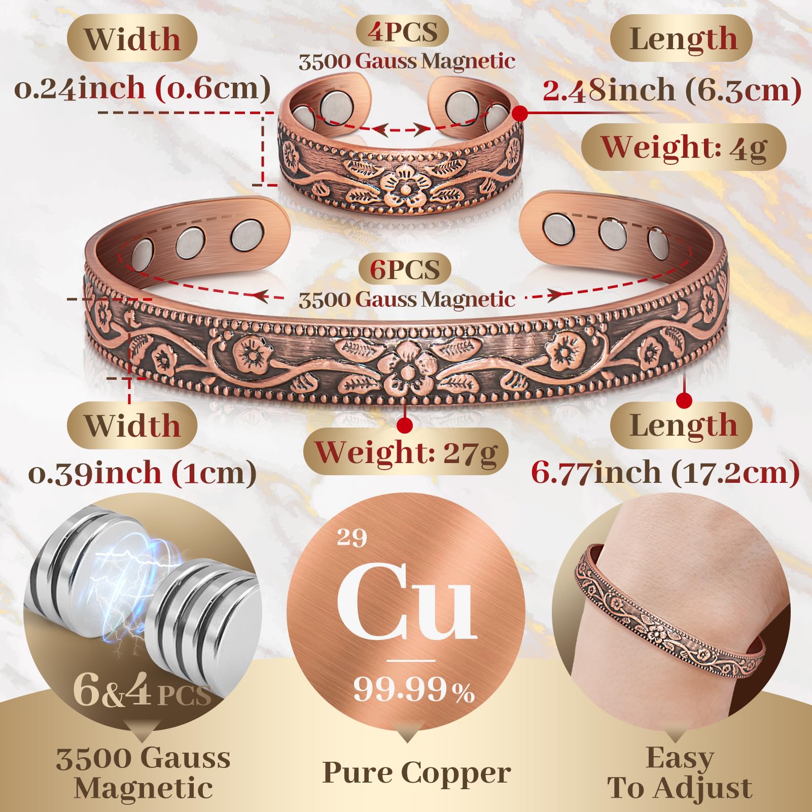 Auramag adjustable semi-open bracelet for comfortable fit.
