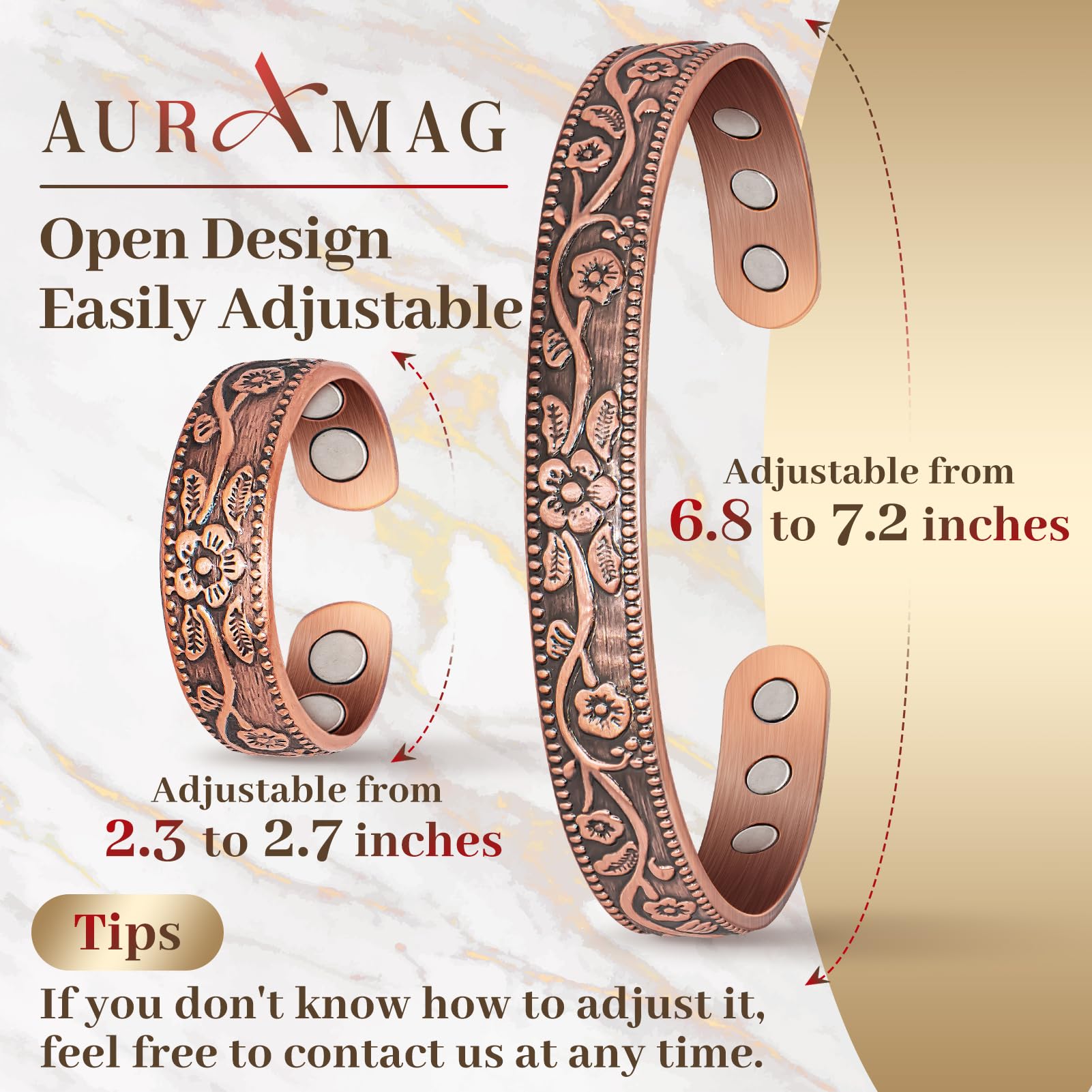 Auramag copper bracelet polished finish, elegant everyday accessory.