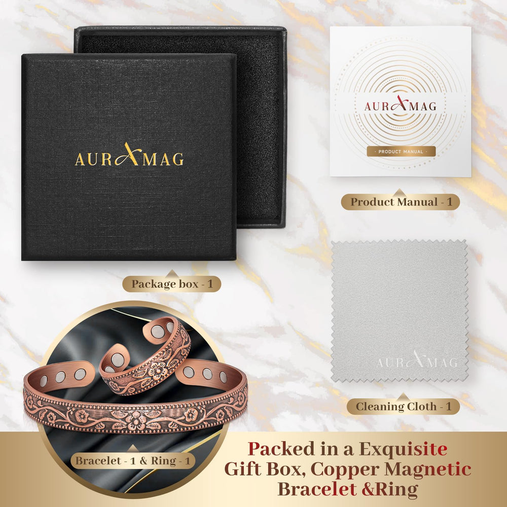 Auramag copper bracelet worn on wrist in casual look.