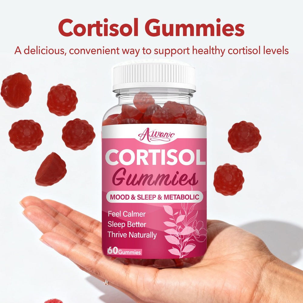 Auranic Cortisol Detox Gummies bottle open, bite-sized stress support on the go.