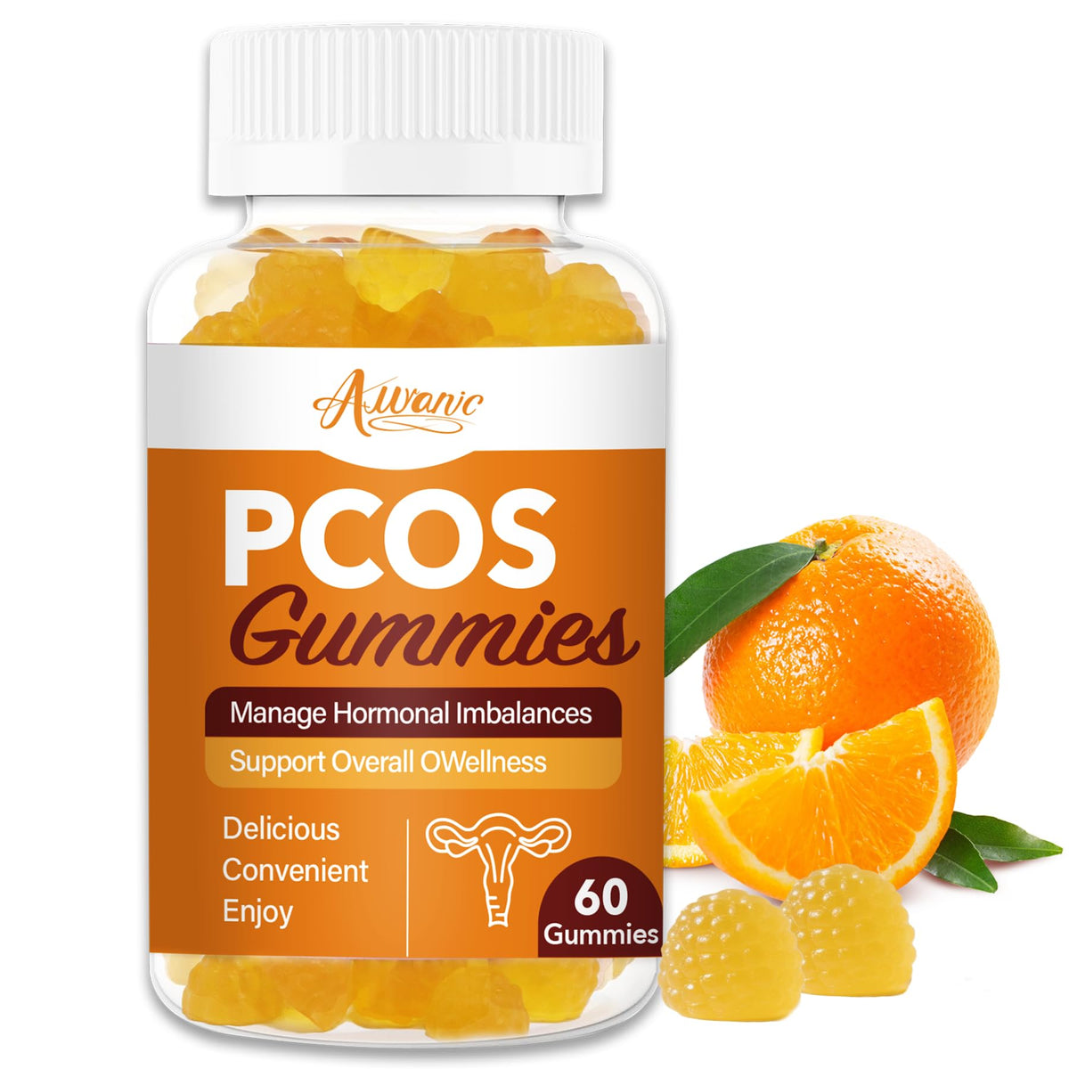 Auranic PCOS gummy bottle highlighting premium packaging for daily support.