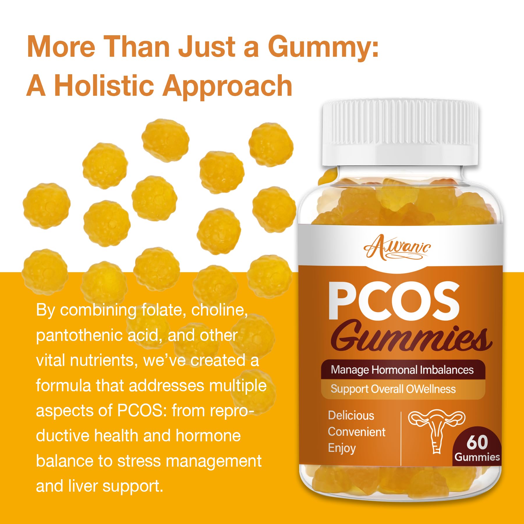 Auranic PCOS gummy packaging in a compact container for on-the-go snacking.