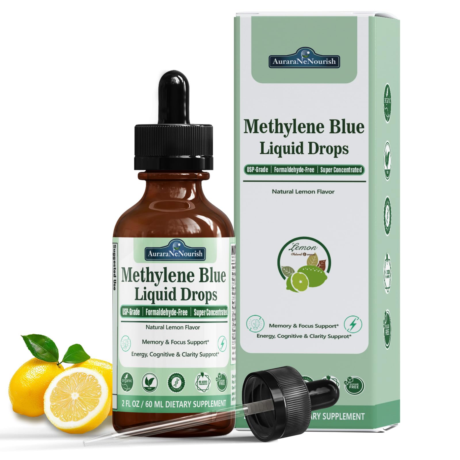 AuraraNeNourish Methylene Blue Drops bottle with dropper for precise dosing.