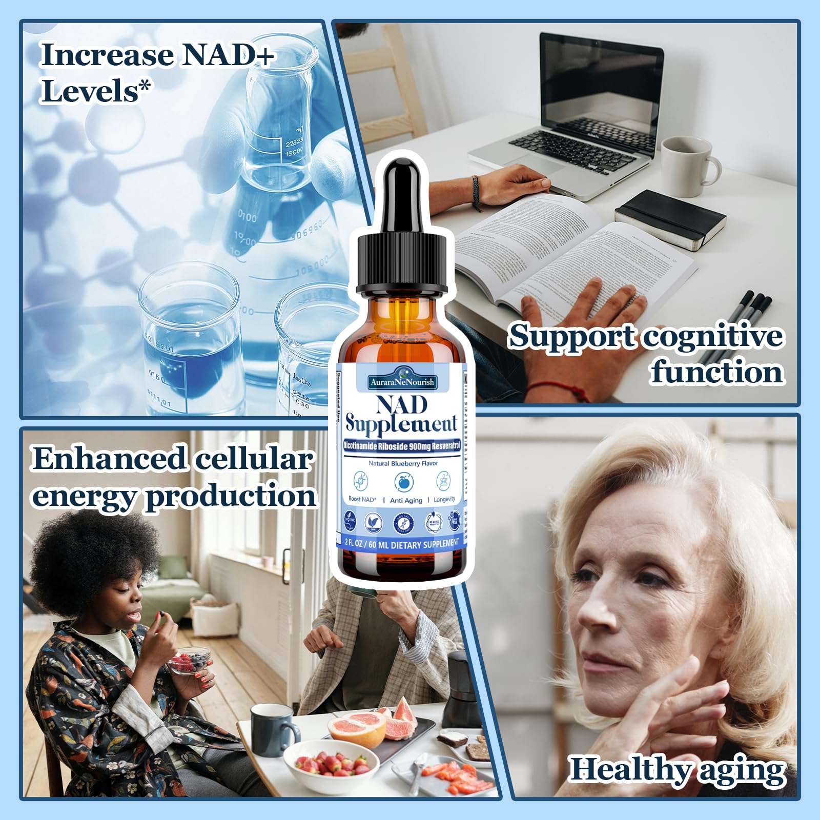 Dropper dosing AuraraNeNourish NAD liquid for flexible consumption