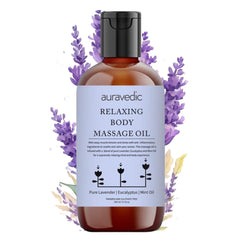 Auravedic Relaxing Body Massage Oil with lavender bottle for calming home spa