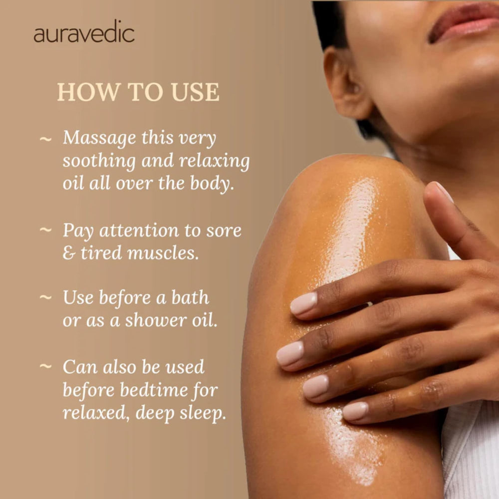 Auravedic massage oil helps hydrate and soften skin after use