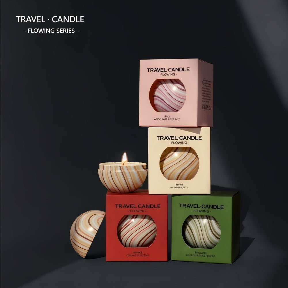Travel-friendly Aurestan candle tin fits in bag for aromatherapy on the go.