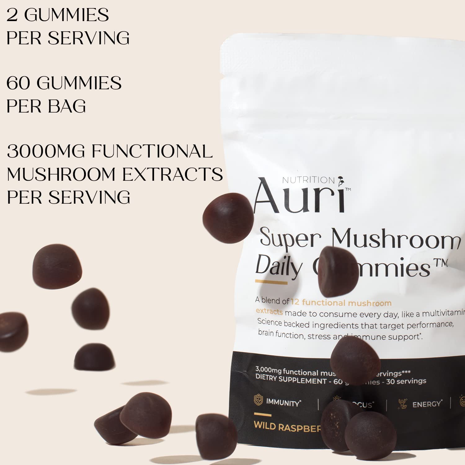 Auri gummies with fruit and label icons displaying vegan and gluten-free.