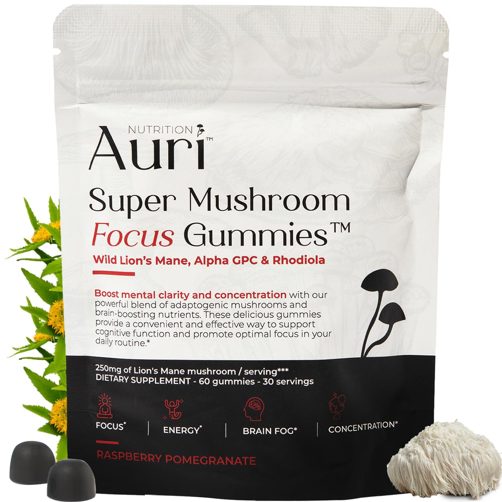 Auri Focus Gummies bottle featuring Lion's Mane for mental clarity