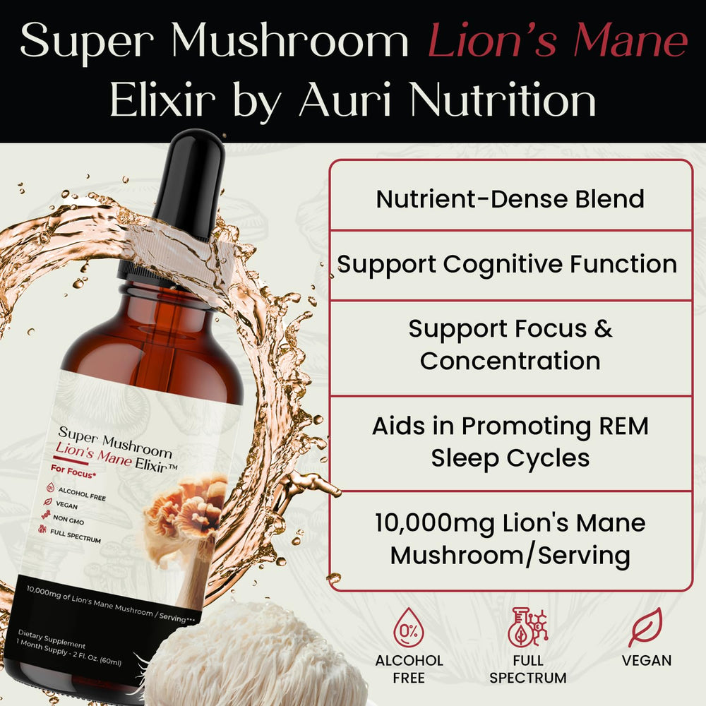 Auri Lion’s Mane Liquid Elixir amber bottle signaling vegan, alcohol-free brain support.