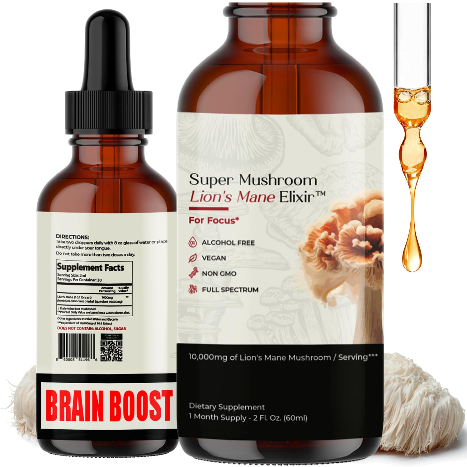 Auri Lion’s Mane Liquid Elixir bottle front view highlighting focus-support ingredients.