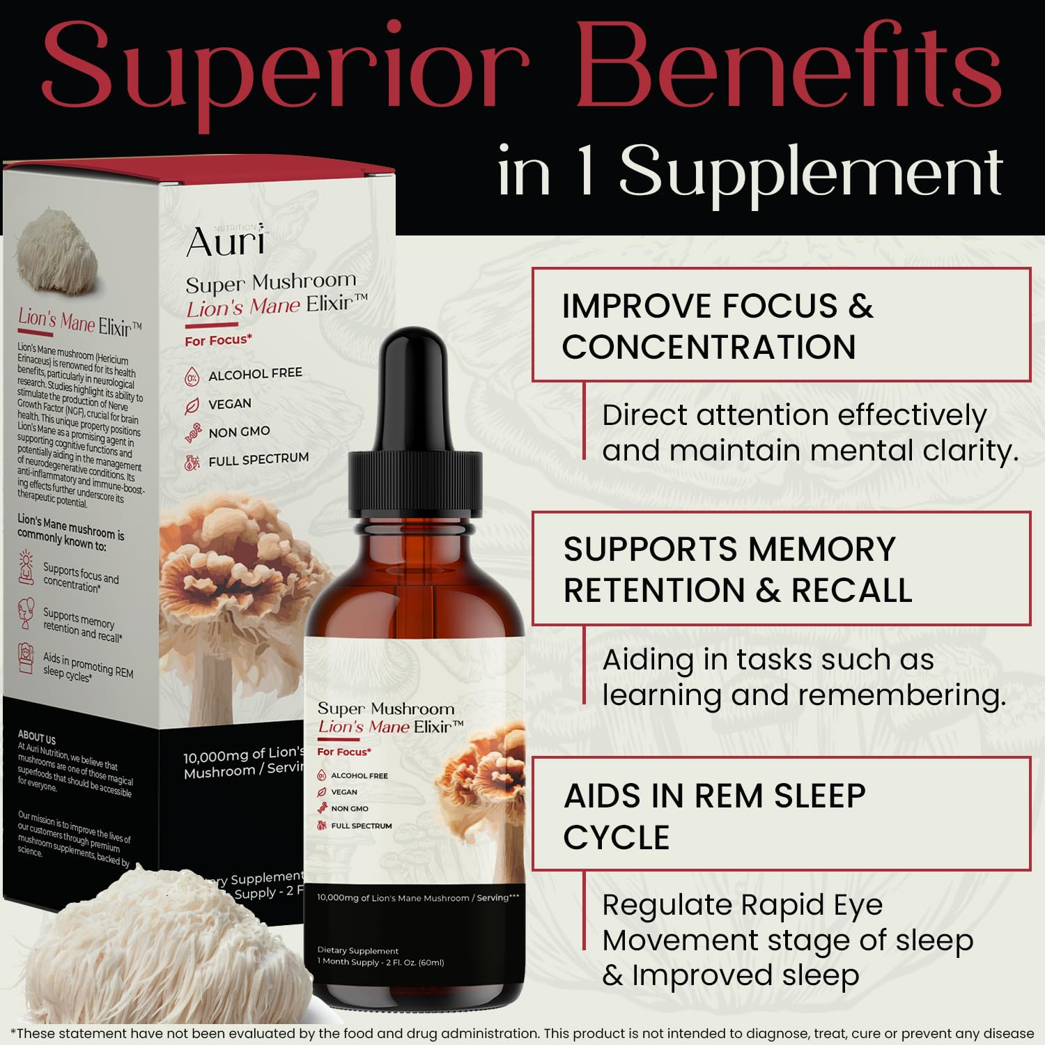 Auri Lion’s Mane Liquid Elixir drops close-up, demonstrating rapid absorption.