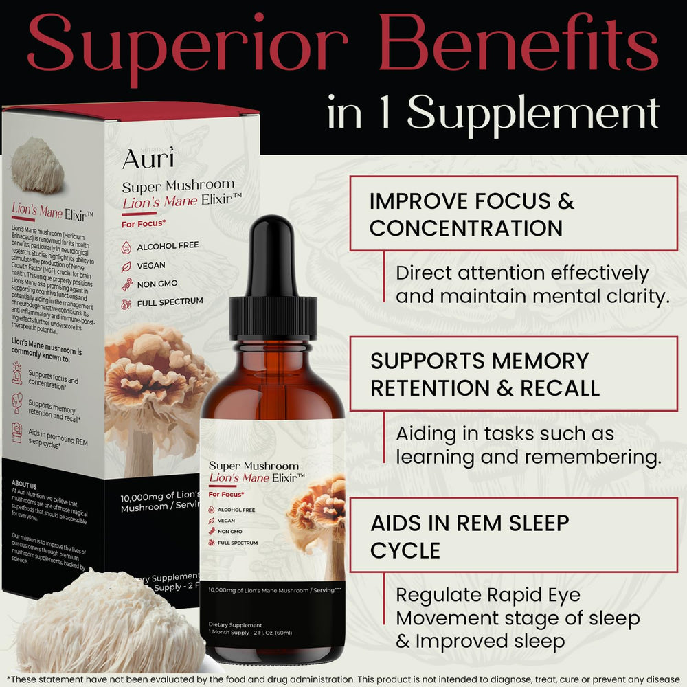 Auri Lion’s Mane Liquid Elixir drops close-up, demonstrating rapid absorption.