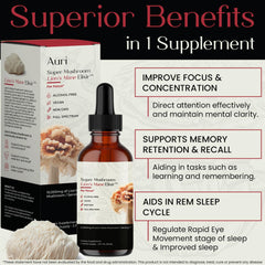Auri Lion’s Mane Liquid Elixir drops close-up, demonstrating rapid absorption.