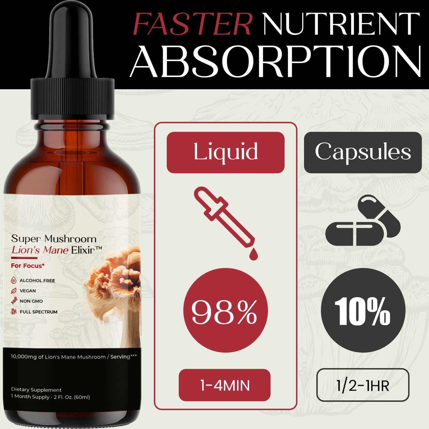 Auri Lion’s Mane bottle label close-up shows vegan, non-GMO formulation.