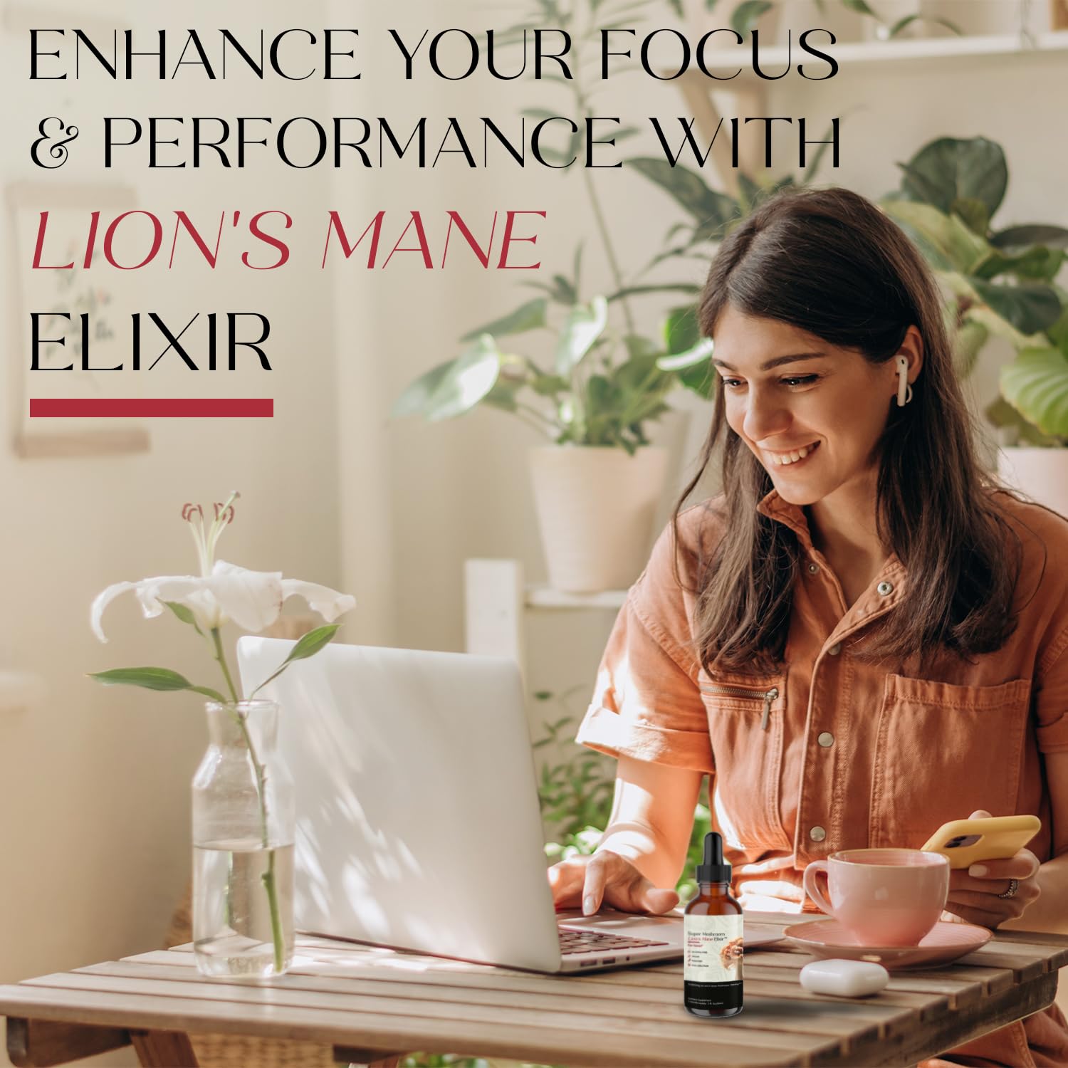 Auri Lion’s Mane Elixir being dripped into tea for mindful routines.