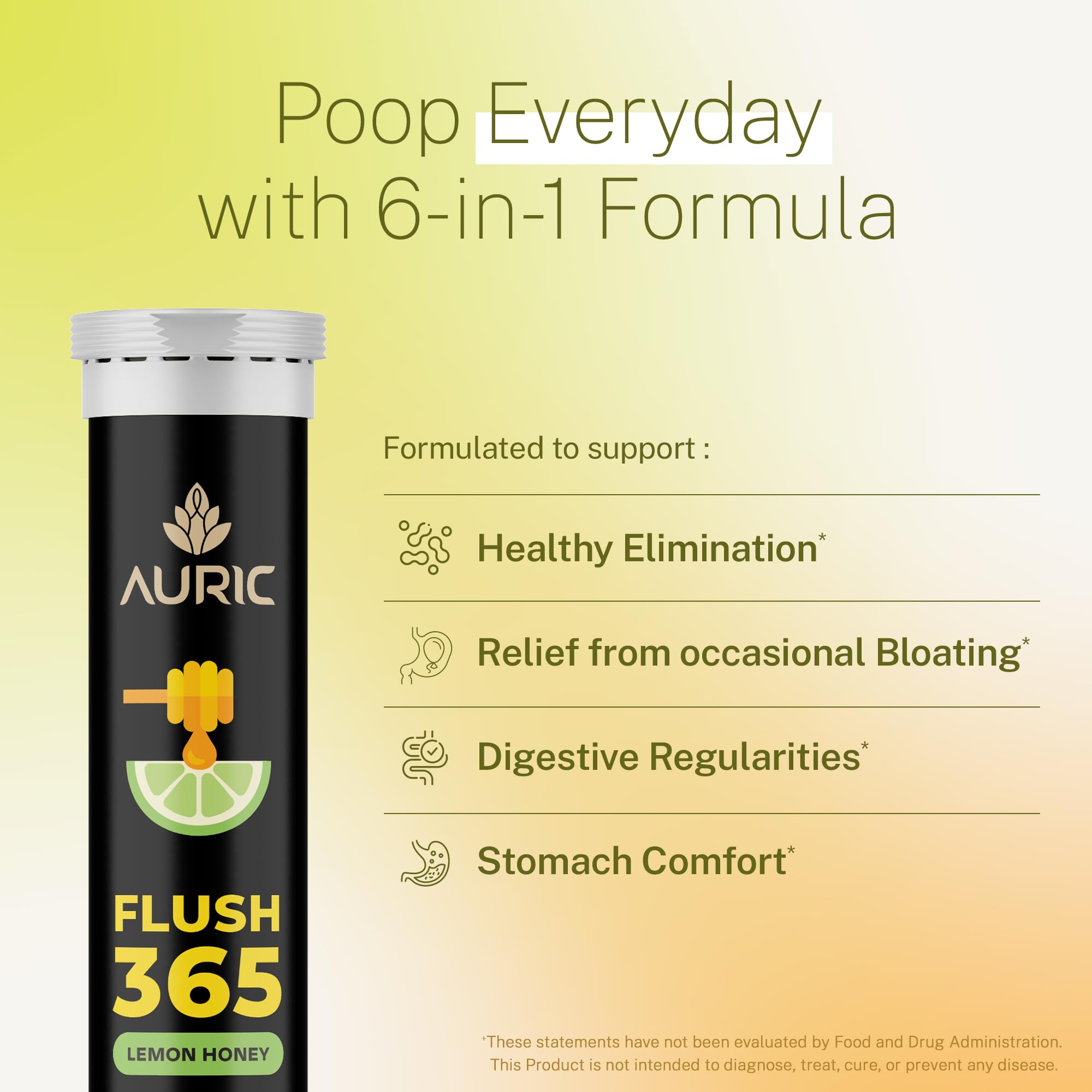 Auric Flush 365 bottle close-up highlighting compact daily supplement.