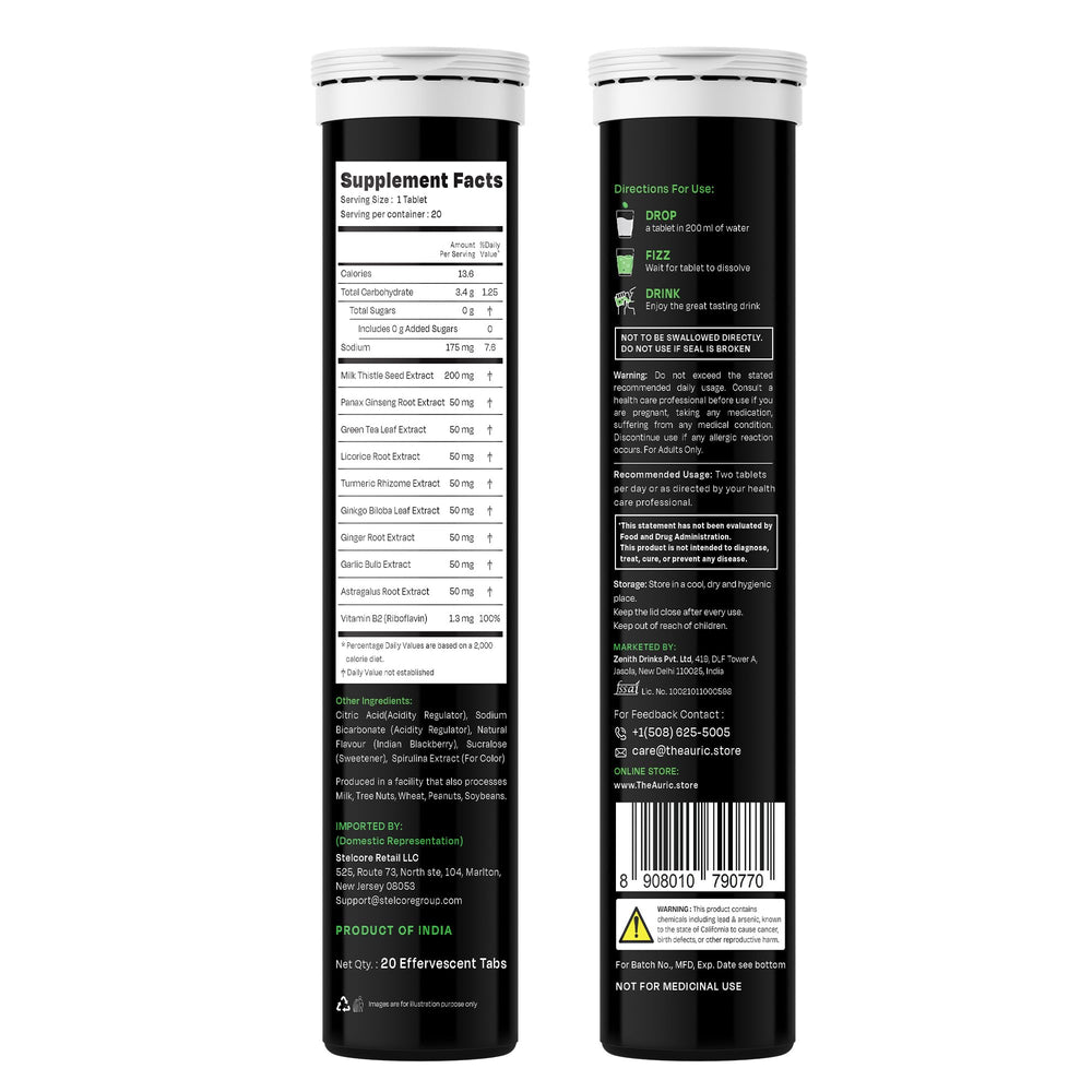 Auric Liv365 capsule closeup highlighting herbal capsules and lemon flavor.