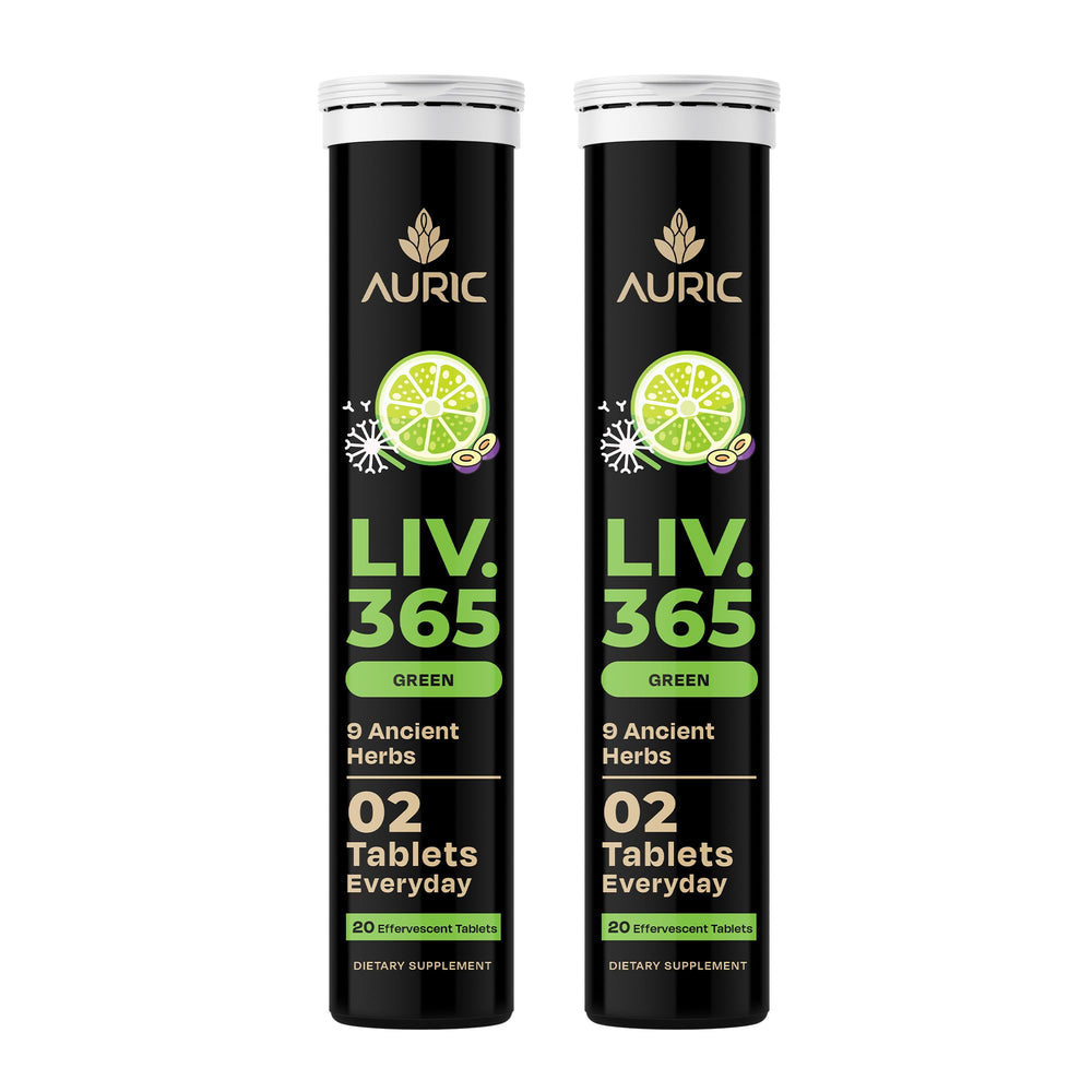 Auric Liv365 bottle front view with lemon flavor and daily liver support.