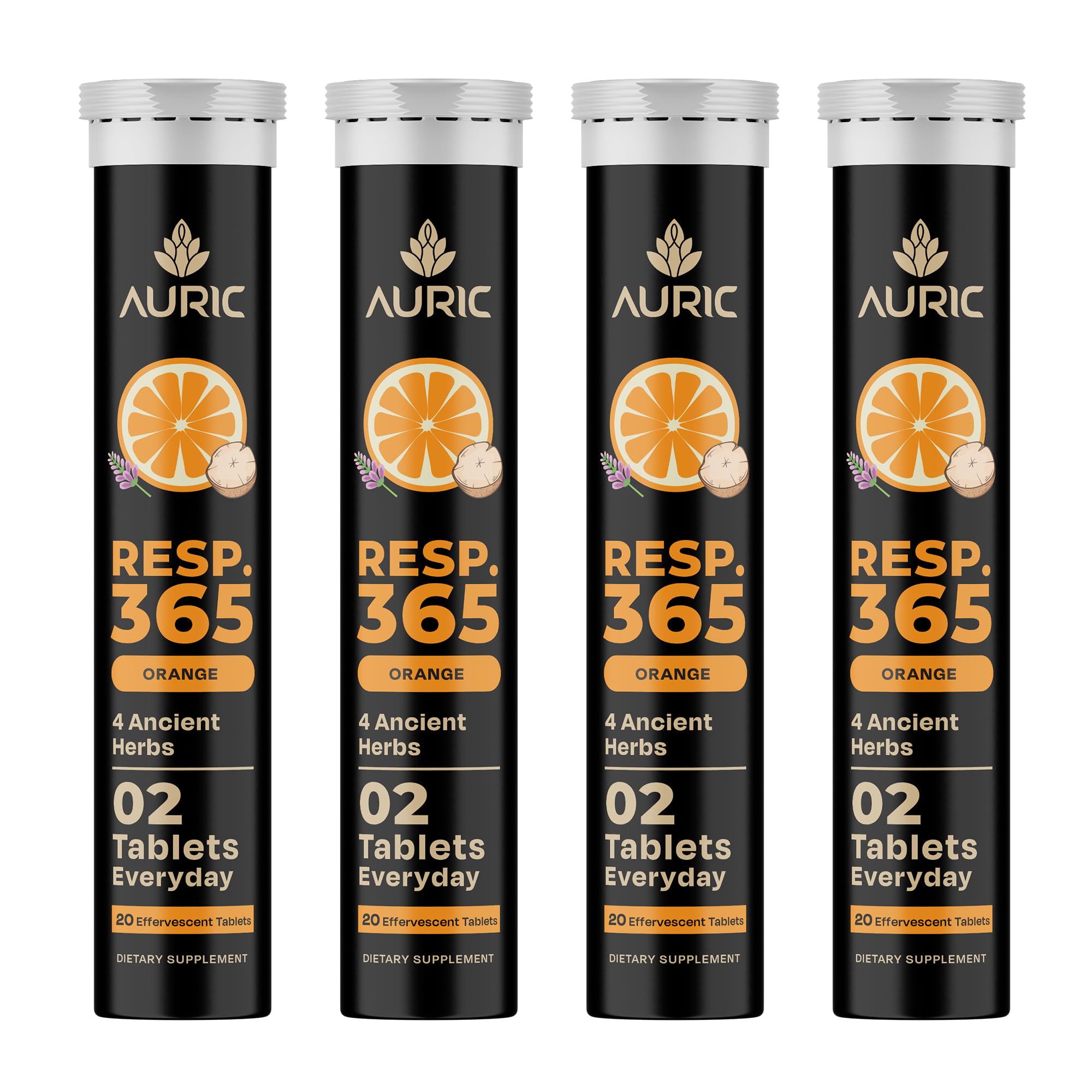 Auric Resp 365 tablets bottle shown, supporting gentle lung wellness for daily use.