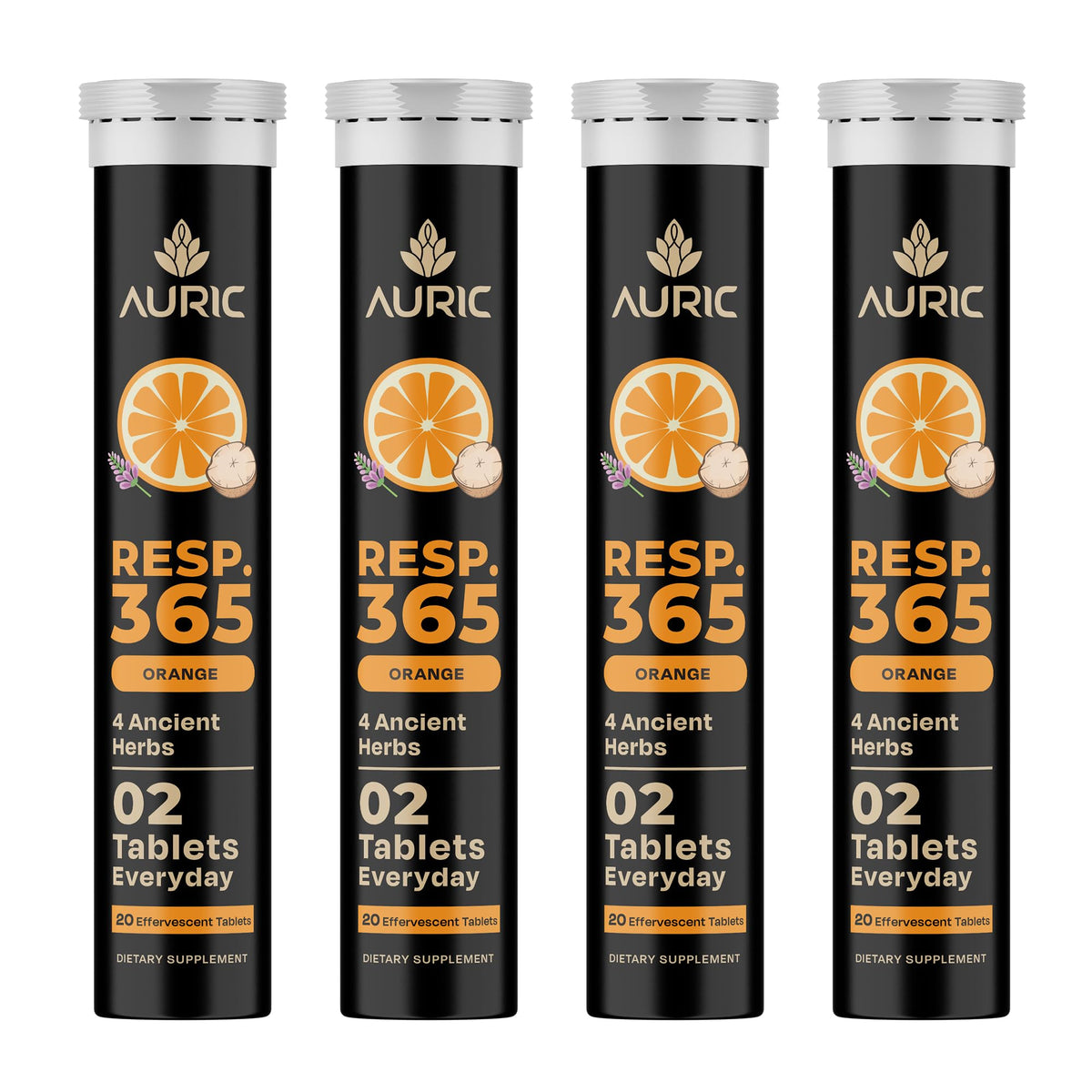 Auric Resp 365 tablets bottle shown, supporting gentle lung wellness for daily use.