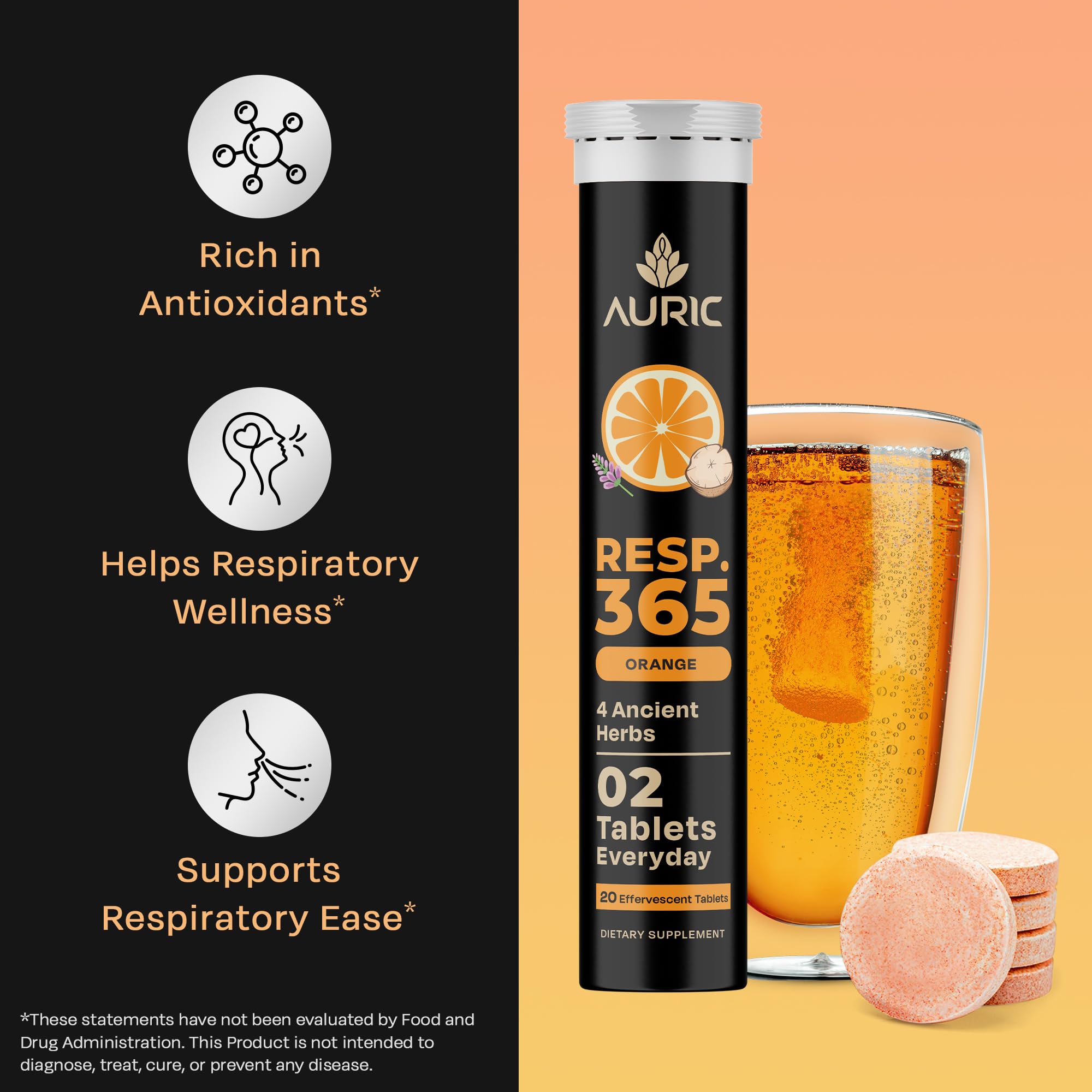 Auric Resp 365 dissolving tablet in water demonstrates easy detox drink