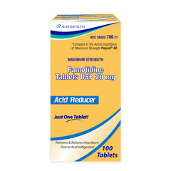Aurohealth Famotidine 20mg bottle label visible, promotes heartburn relief