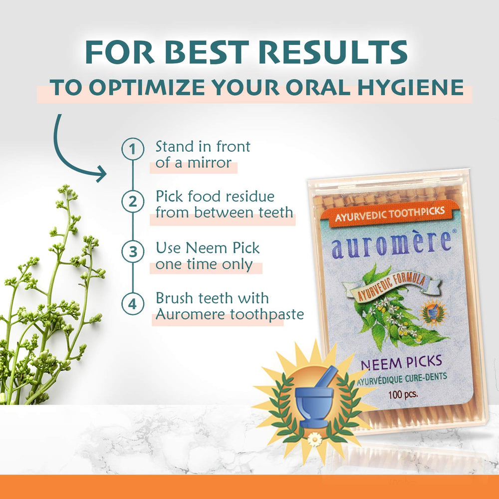 Neem-infused birchwood toothpicks for clean beneath the gumline and herbal notes.
