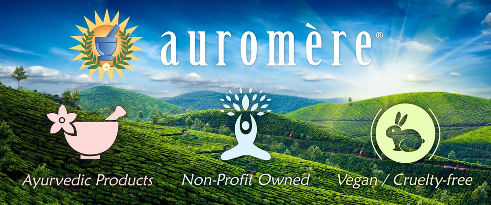 Auromere label close-up highlighting clean ingredients.