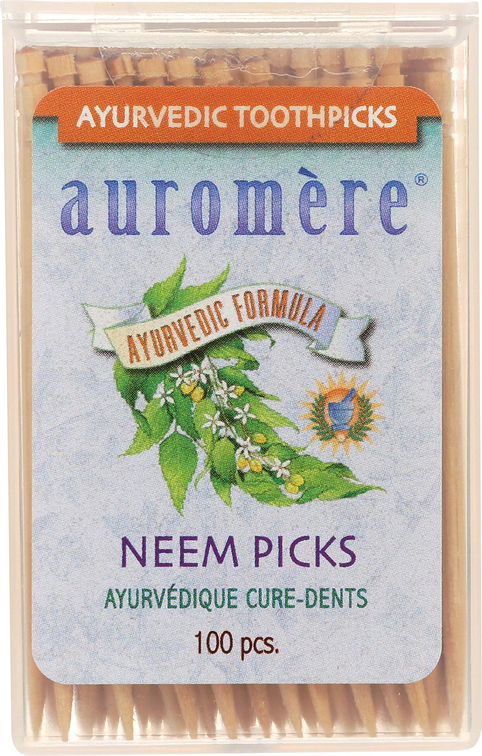Auromere Neem Toothpicks on birchwood for refreshing breath and gumline care.