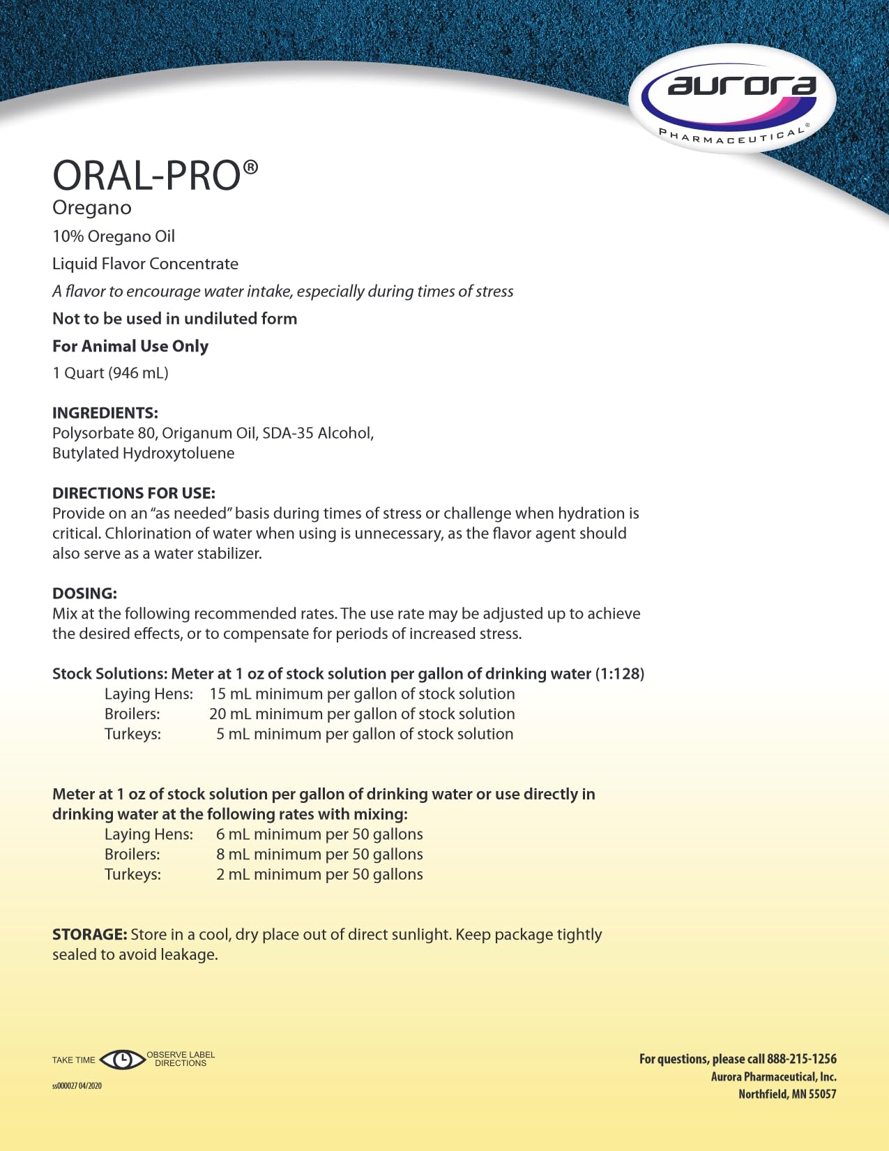 Aurora Pharmaceutical oregano oil liquid label with ingredients and uses.