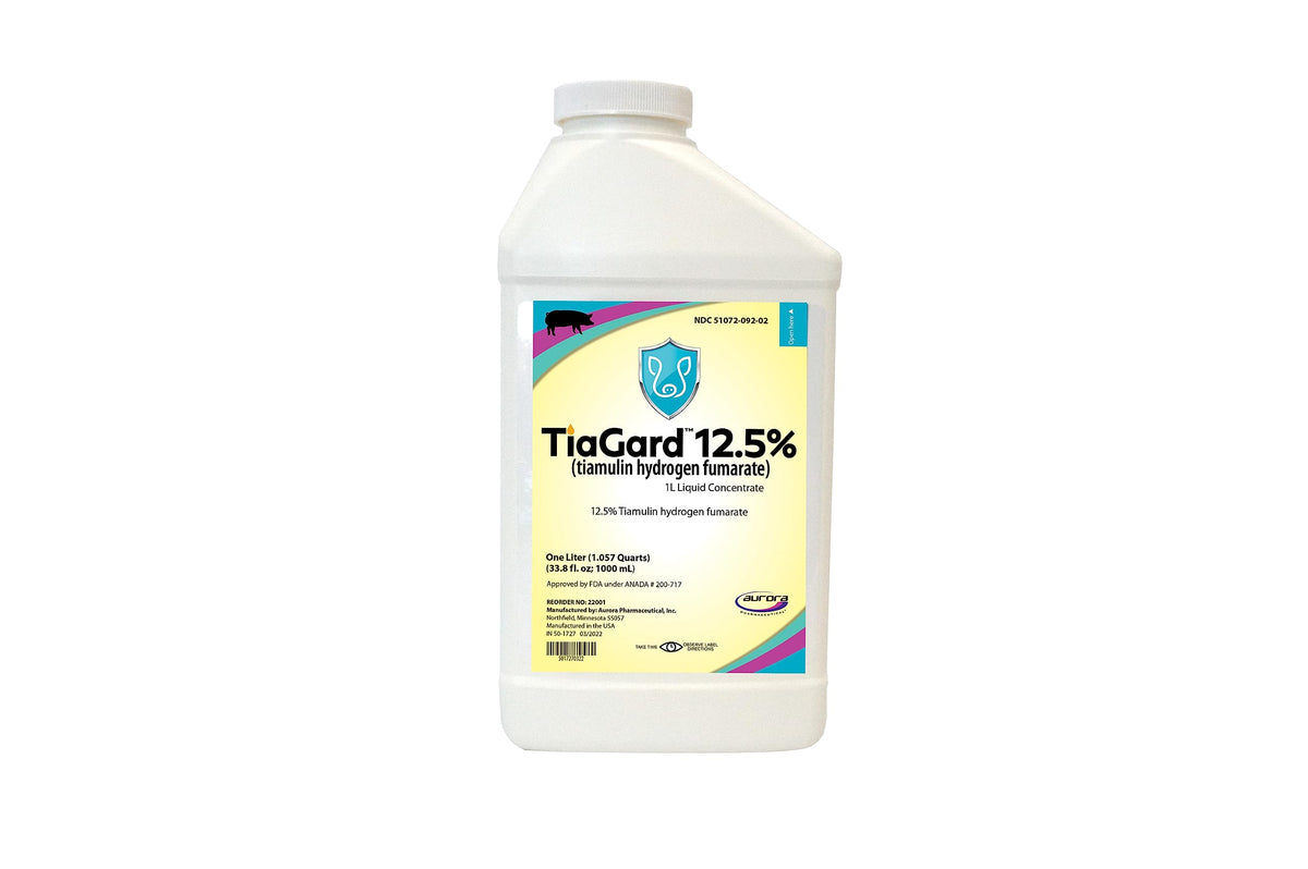Aurora TiaGard 12.5% liquid concentrate bottle for medicated water dosing in livestock.
